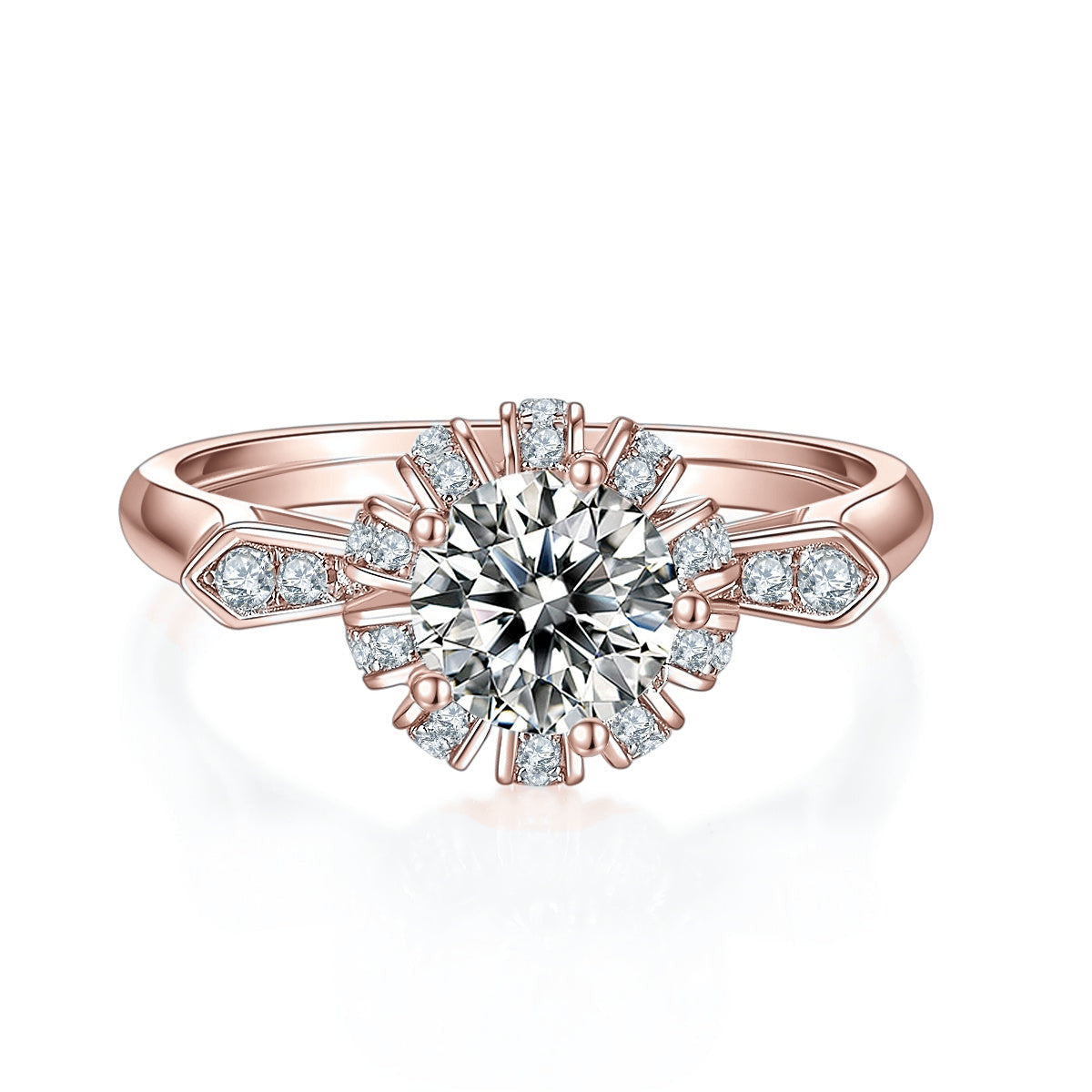 Posy Round Moissanite Petal Halo Engagement Ring in 18K rose gold plating, front view