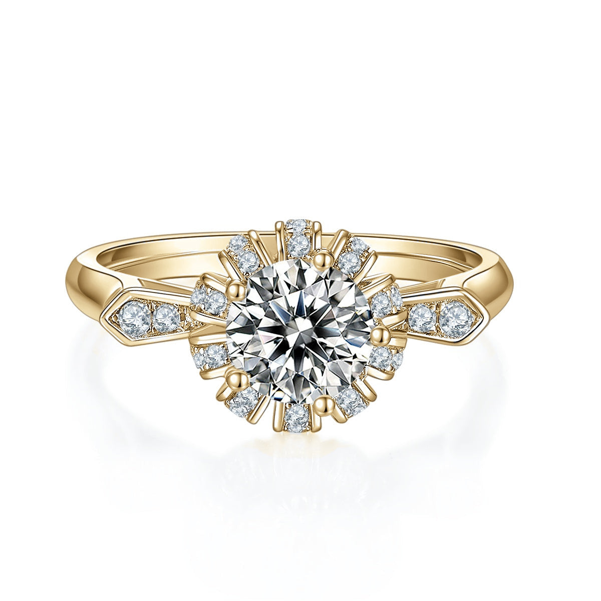 Posy Round Moissanite Petal Halo Engagement Ring in 18K yellow gold plating, front view