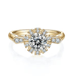 Posy Round Moissanite Petal Halo Engagement Ring in 18K yellow gold plating, front view