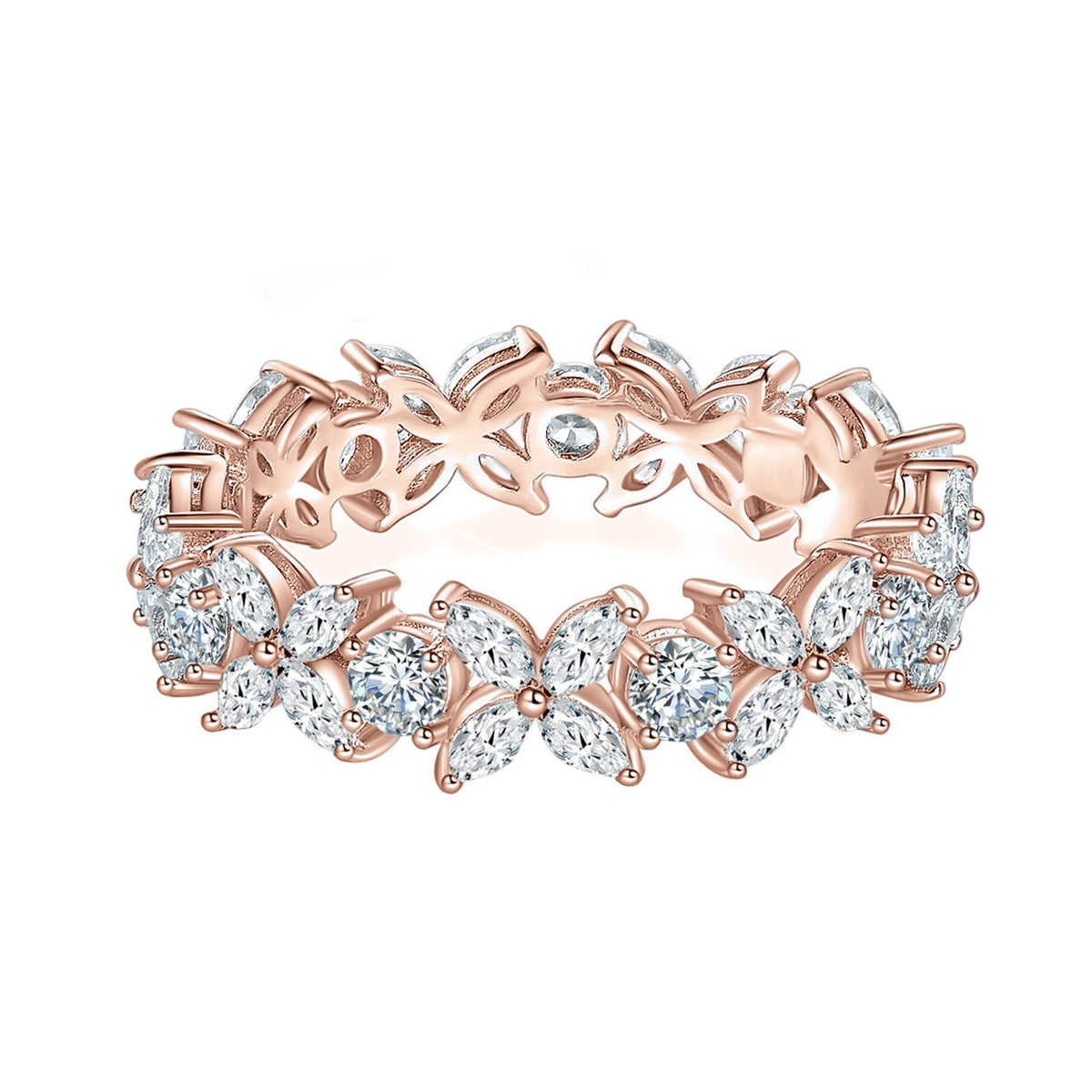 Quinn Moissanite Floral Eternity Band in 18K rose gold plating, front view