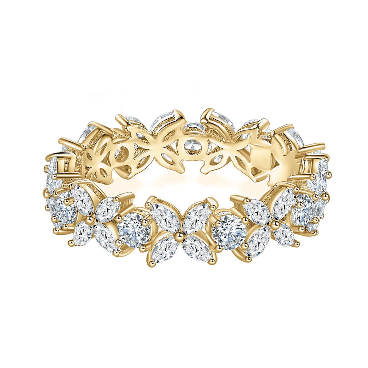 Quinn Moissanite Floral Eternity Band in 18K yellow gold plating, front view