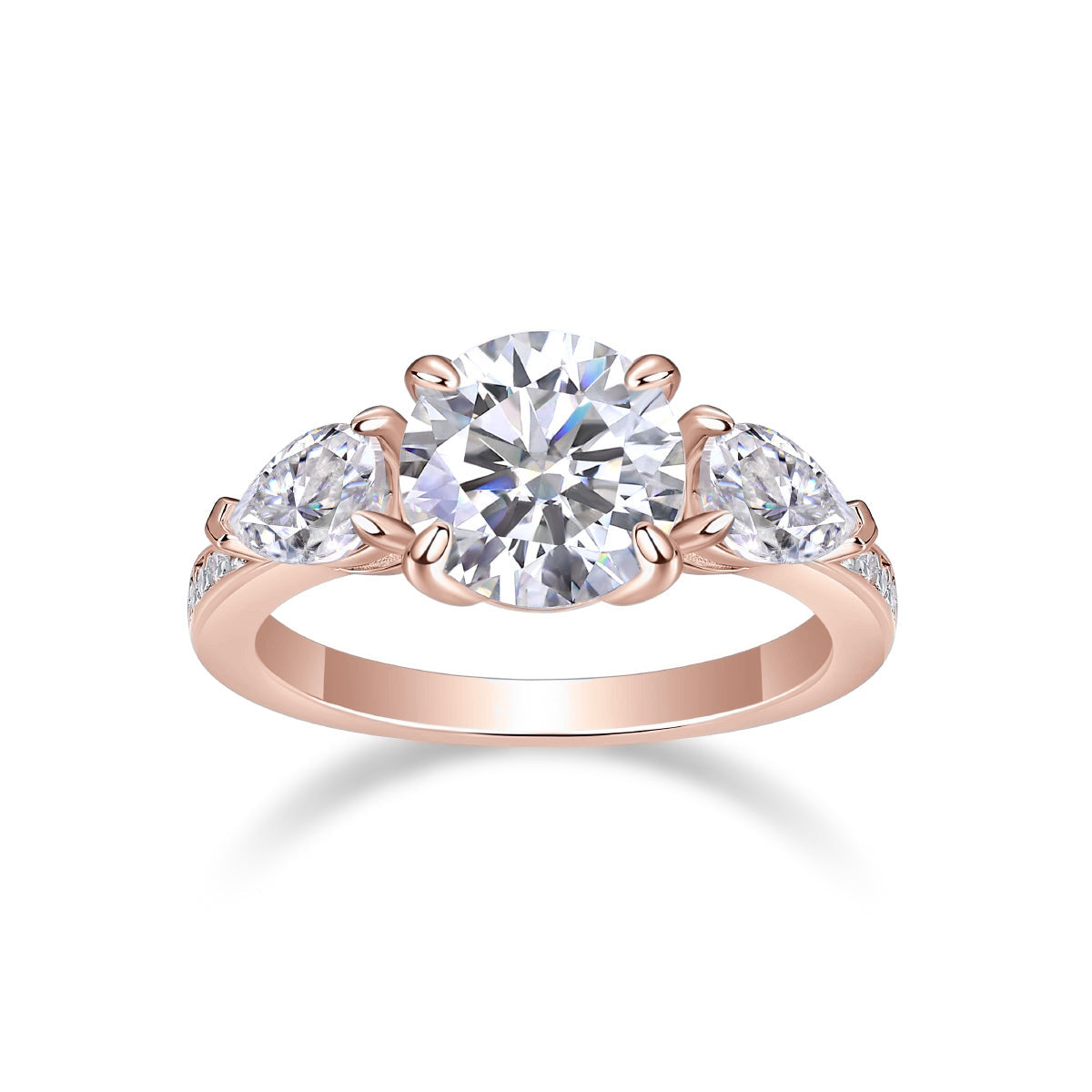 Rachel Round Moissanite Three Stone Engagement Ring in 18K rose gold plating, front view