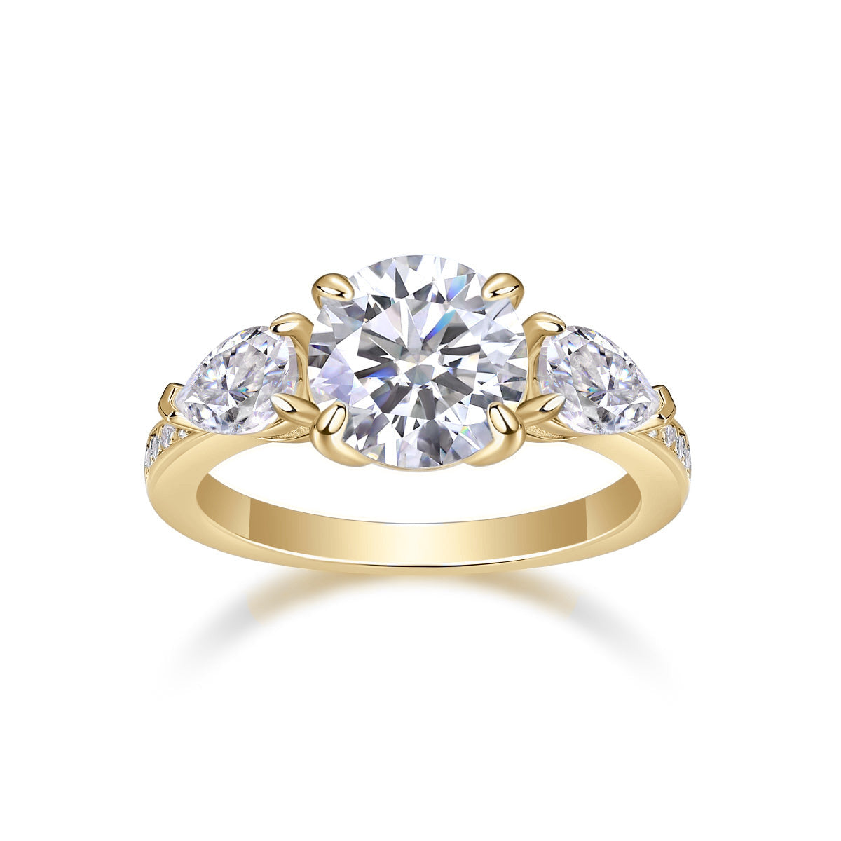 Rachel Round Moissanite Three Stone Engagement Ring in 18K yellow gold plating, front view