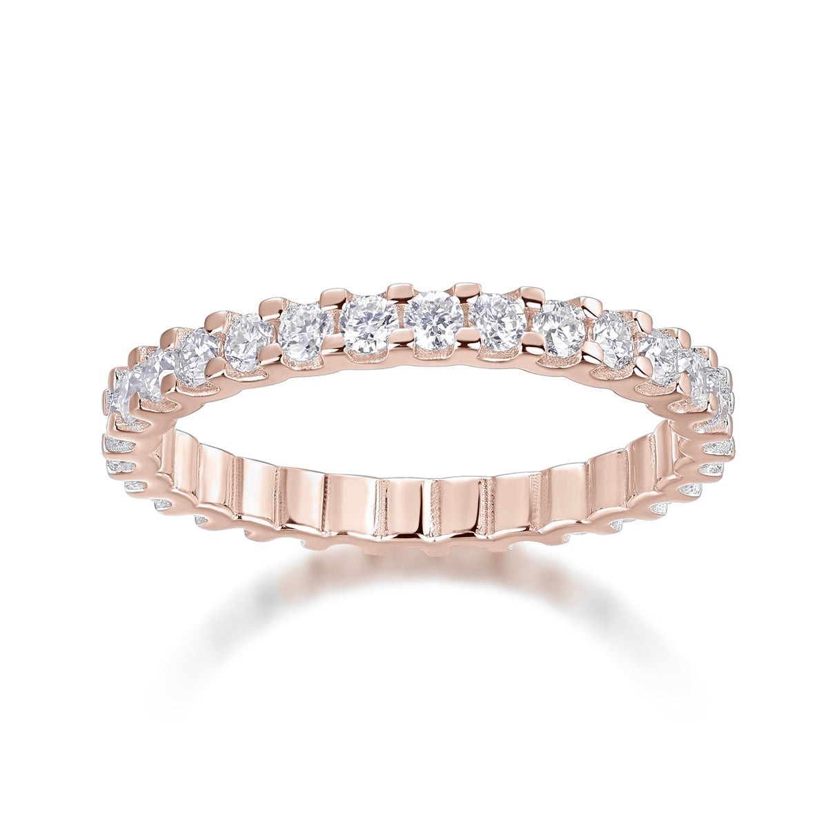 Rae Round Moissanite Prong Eternity Band in 18K rose gold plating, front view