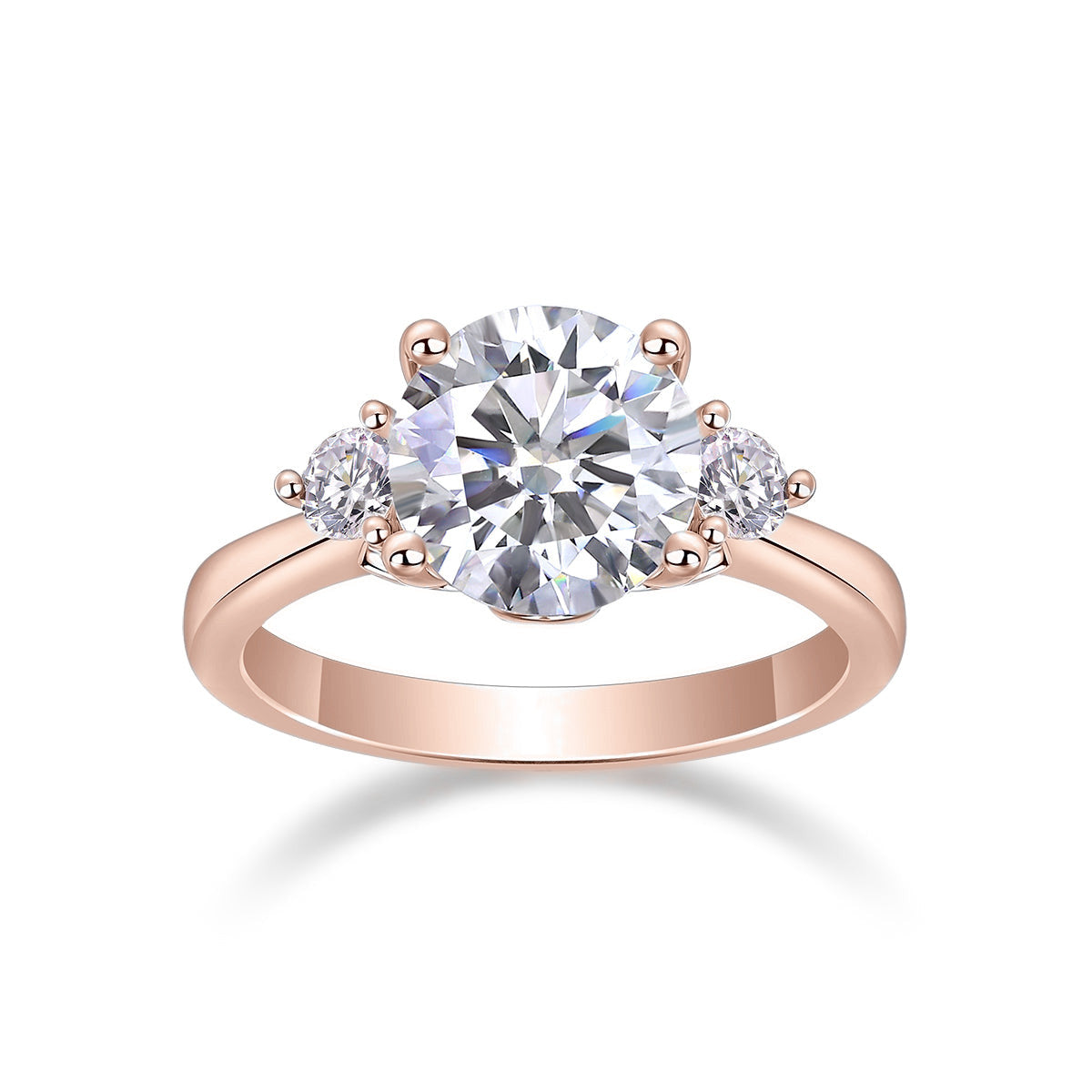 Ramona Round Moissanite Side Stone Engagement Ring in 18K rose gold plating, front view
