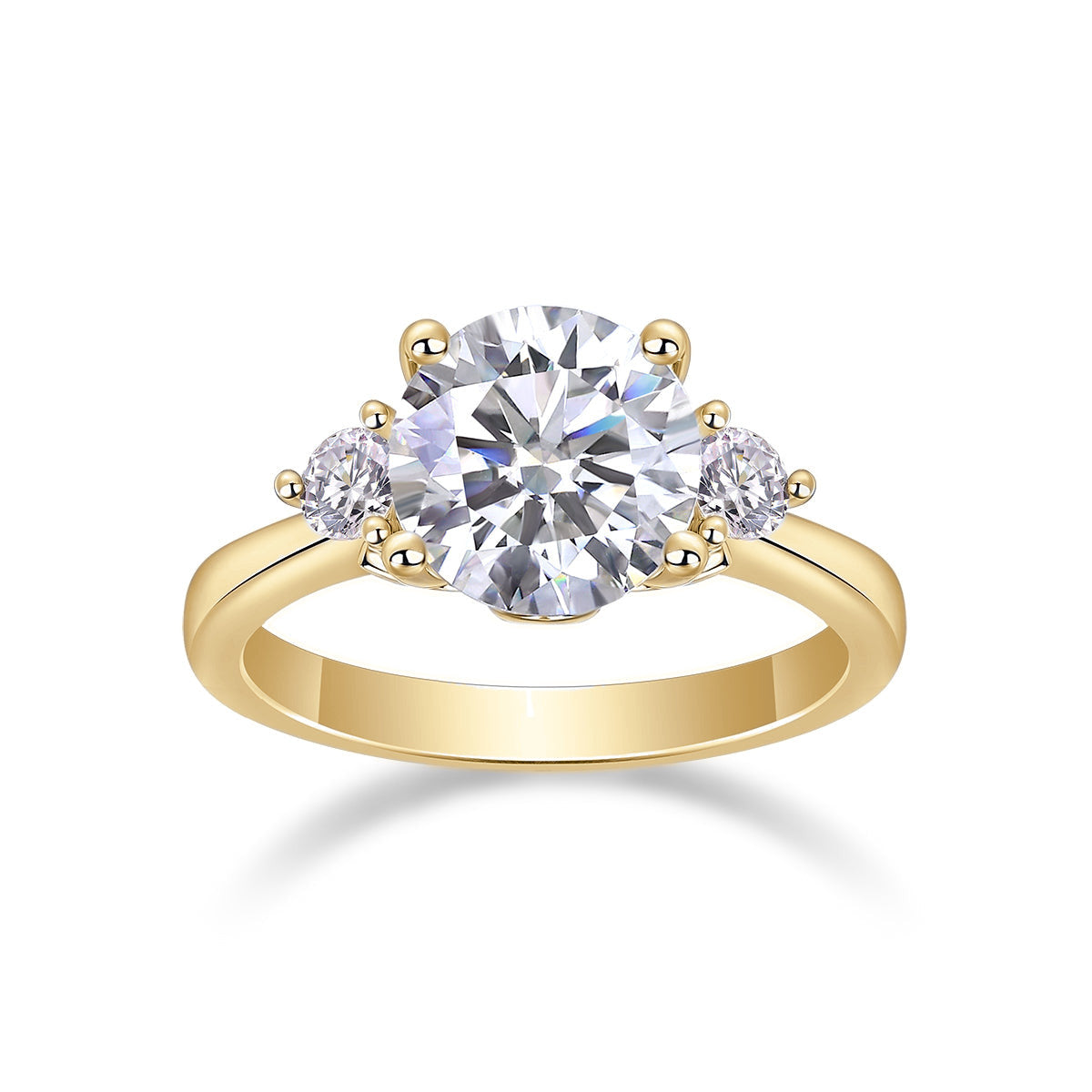 Ramona Round Moissanite Side Stone Engagement Ring in 18K yellow gold plating, front view