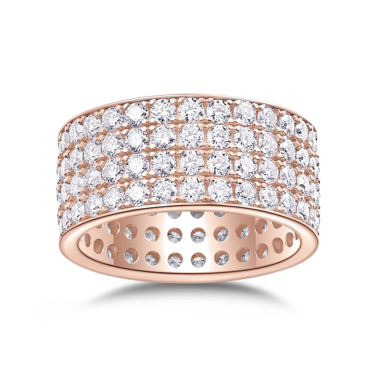 Raquel Round Moissanite Four Row Eternity Band in 18K rose gold plating, front view