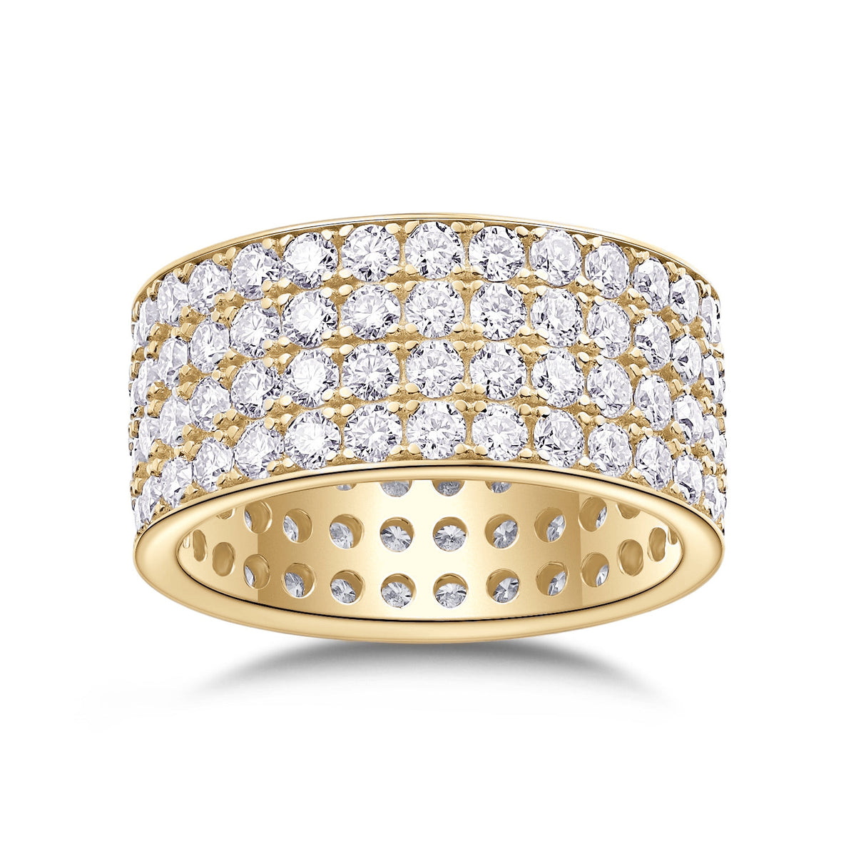 Raquel Round Moissanite Four Row Eternity Band in 18K yellow gold plating, front view