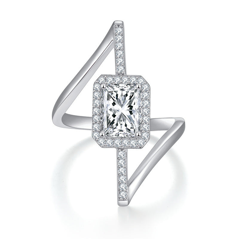 Raya Radiant Cut Moissanite Halo Open Ring in 18K white gold plating, front view