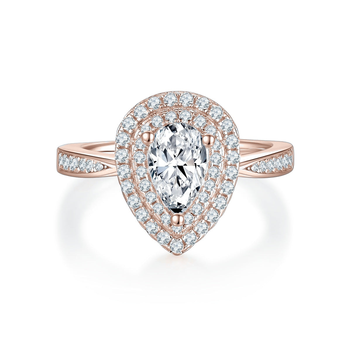Rebecca Pear Moissanite Double Halo Engagement Ring in 18K rose gold plating, front view