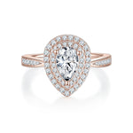 Rebecca Pear Moissanite Double Halo Engagement Ring in 18K rose gold plating, front view