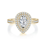 Rebecca Pear Moissanite Double Halo Engagement Ring in 18K yellow gold plating, front view