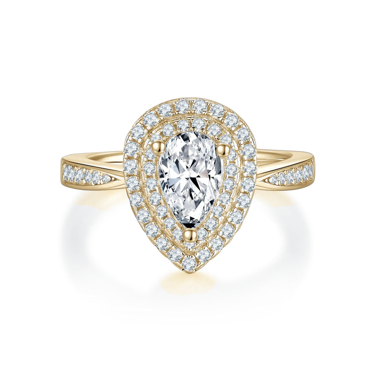 Rebecca Pear Moissanite Double Halo Engagement Ring in 18K yellow gold plating, front view