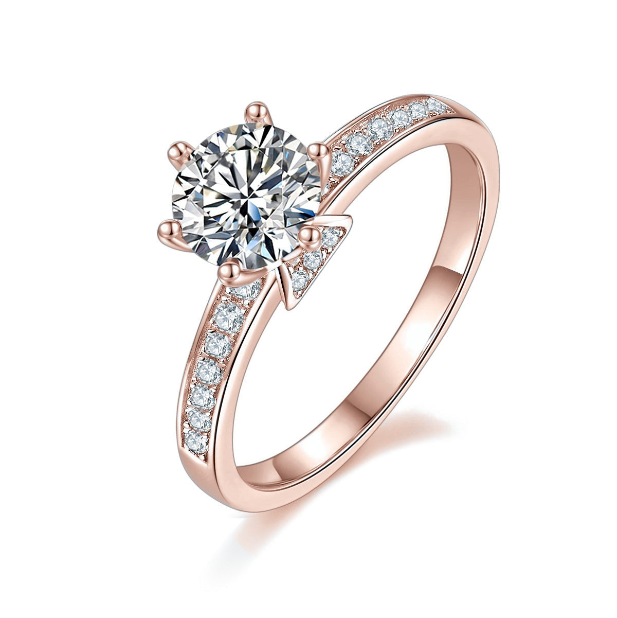 Reese Round Moissanite Channel Set Engagement Ring in 18K rose gold plating, angled view