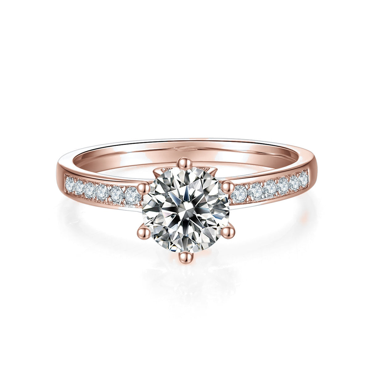 Reese Round Moissanite Channel Set Engagement Ring in 18K rose gold plating, front view