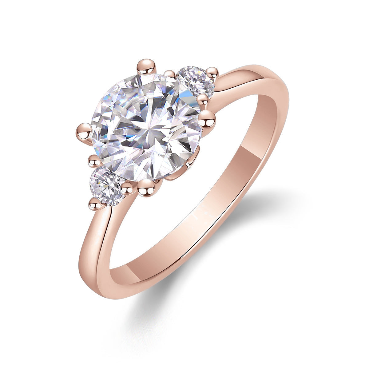 Riley Round Moissanite Side Stone Engagement Ring in 18K rose gold plating