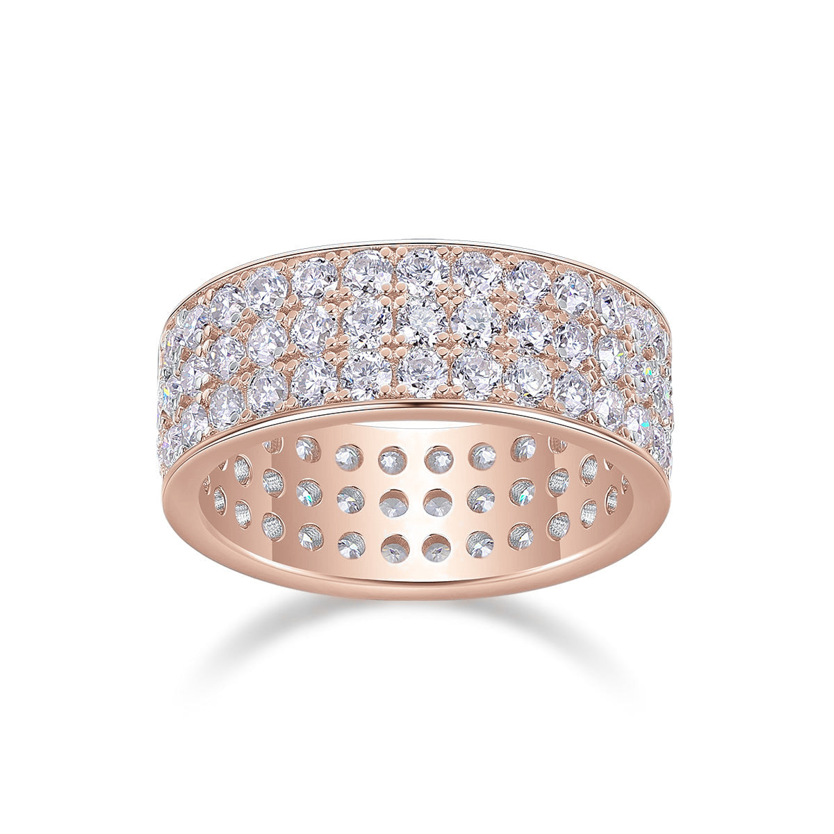 Rita Round Moissanite Three Row Pavé Eternity Band in 18K rose gold plating, front view