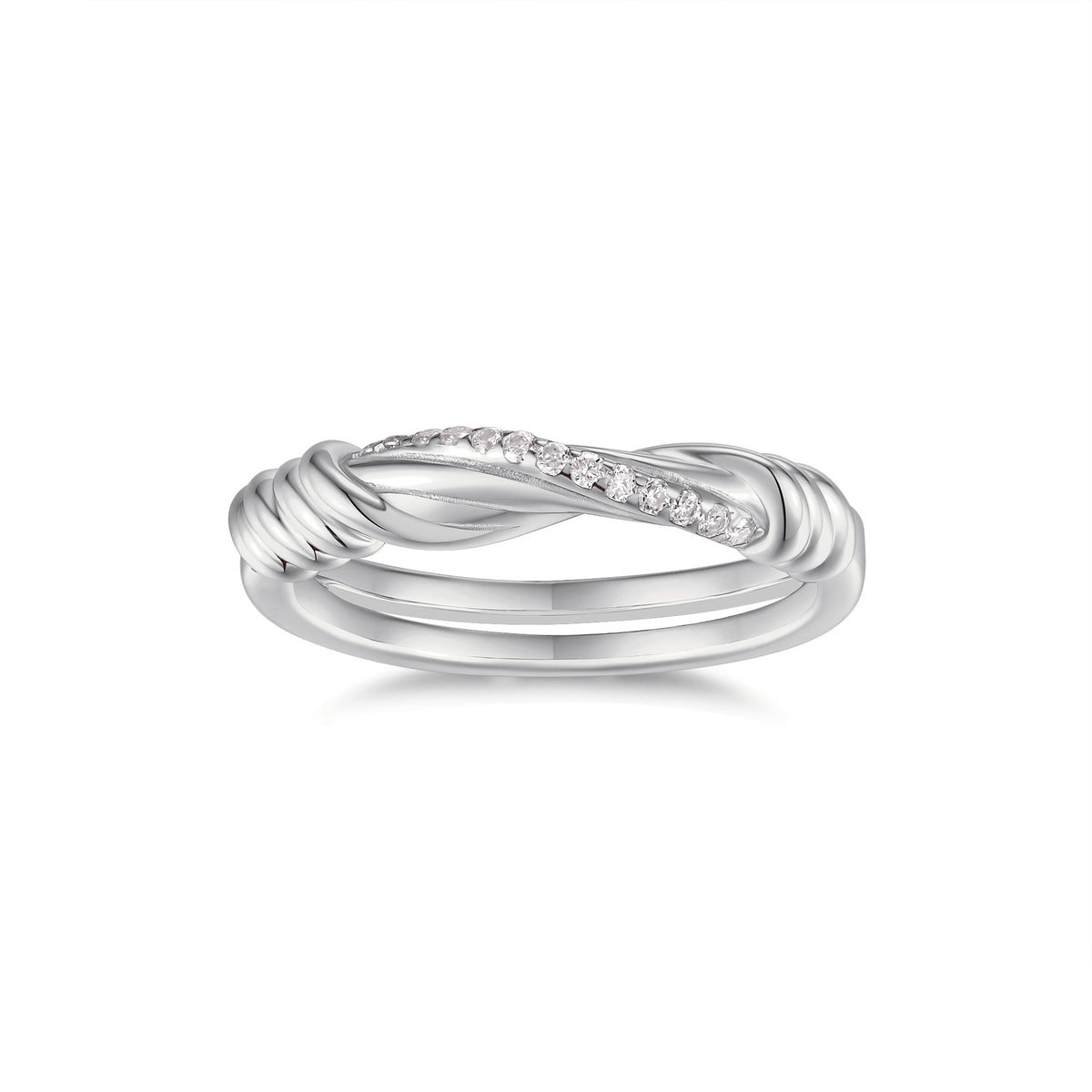 Romy Moissanite Twist Wedding Band in 18K white gold plating, front view