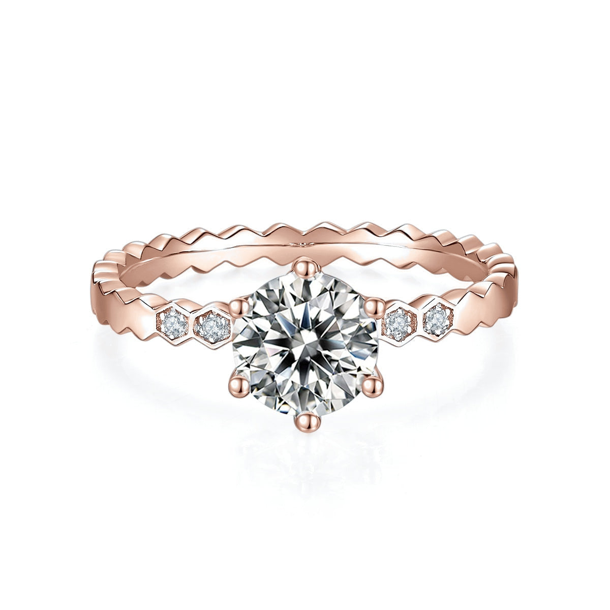 Rory Round Moissanite Honeycomb Solitaire Engagement Ring in 18K rose gold plating, front view