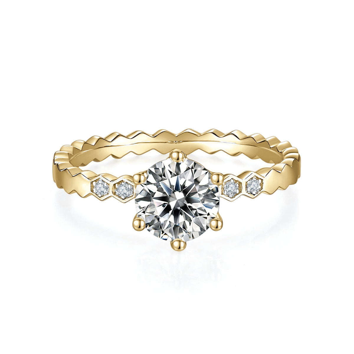 Rory Round Moissanite Honeycomb Solitaire Engagement Ring in 18K yellow gold plating, front view