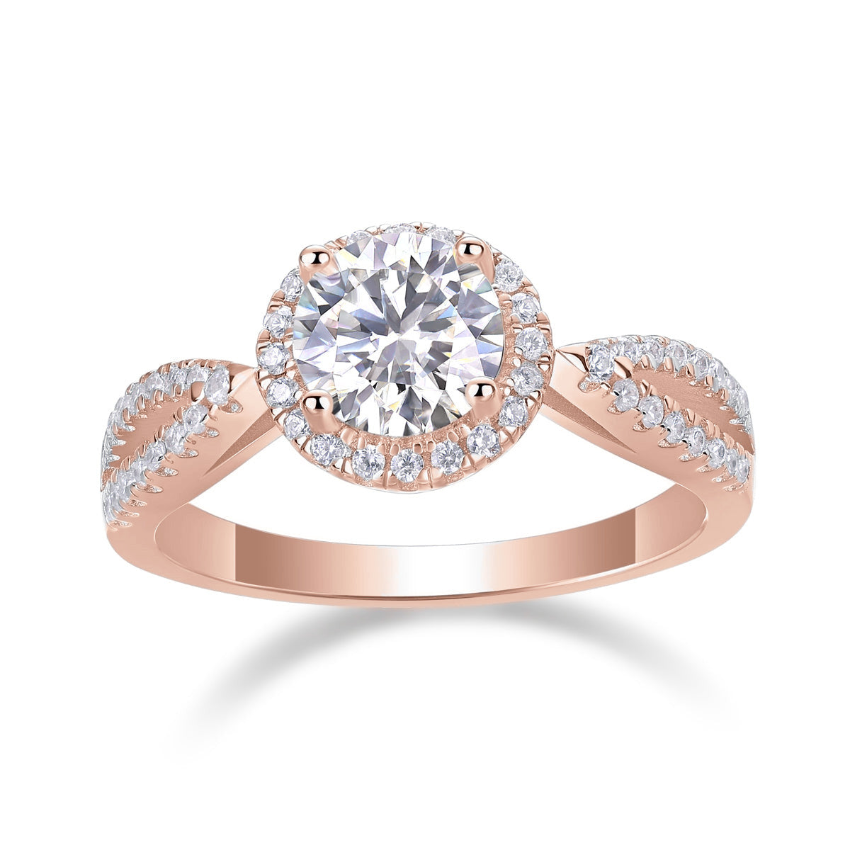 Rosalie Round Moissanite Twist Halo Engagement Ring in 18K rose gold plating, front view
