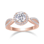 Rosalie Round Moissanite Twist Halo Engagement Ring in 18K rose gold plating, front view