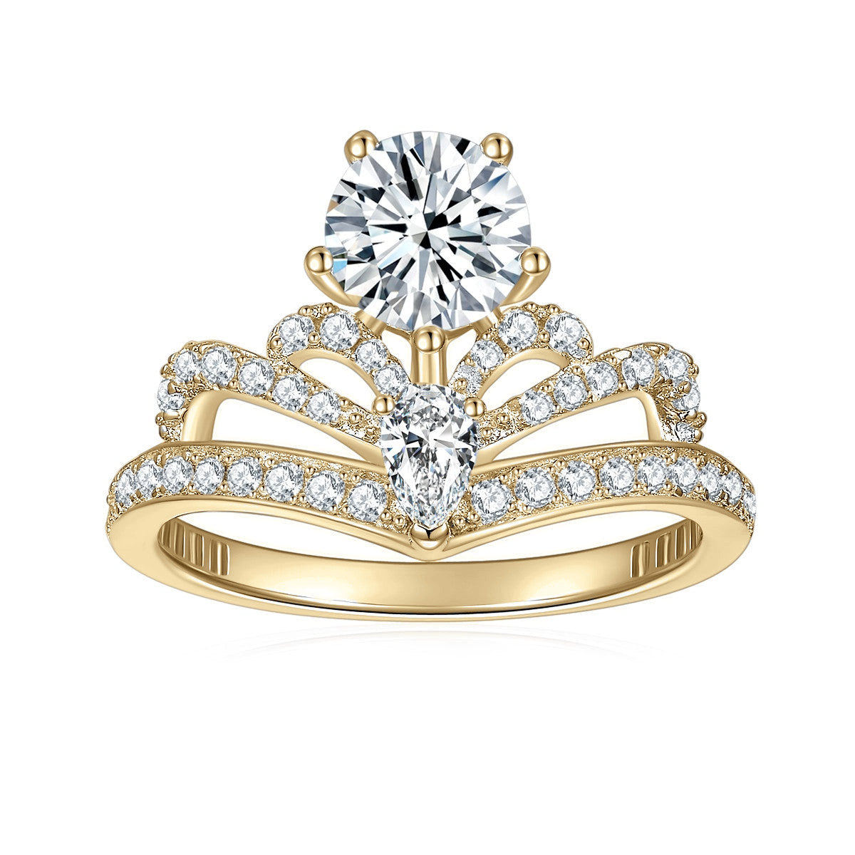 Sabine Round Moissanite Pavé Crown Ring in 18K yellow gold plating, front view