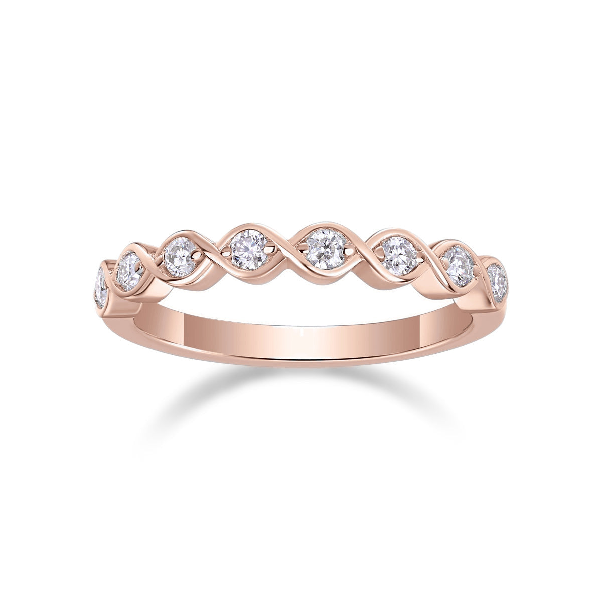 Sage Round Moissanite Bezel Half Eternity Band in 18K rose gold plating, front view