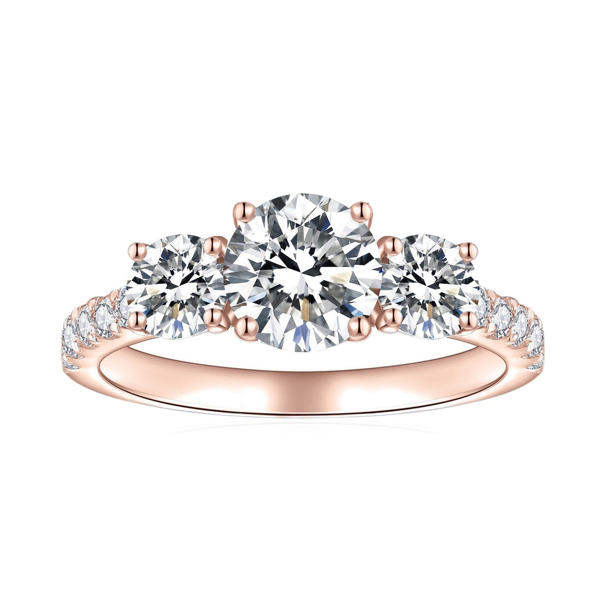 Selena Round Moissanite Three Stone Engagement Ring in 18K rose gold plating, front view