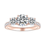Selena Round Moissanite Three Stone Engagement Ring in 18K rose gold plating, front view