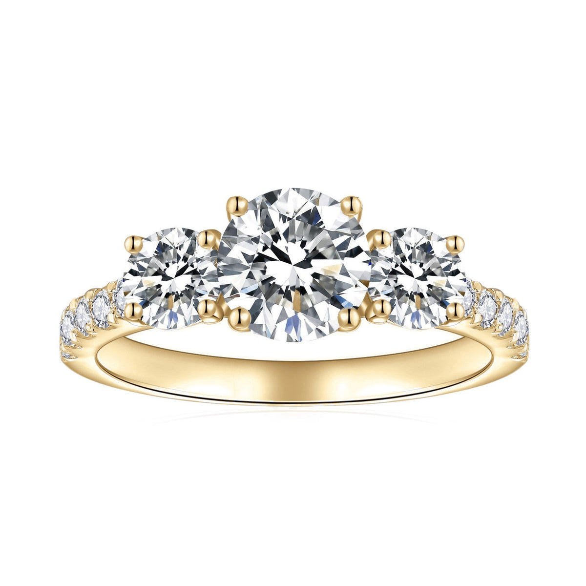 Selena Round Moissanite Three Stone Engagement Ring in 18K yellow gold plating, front view