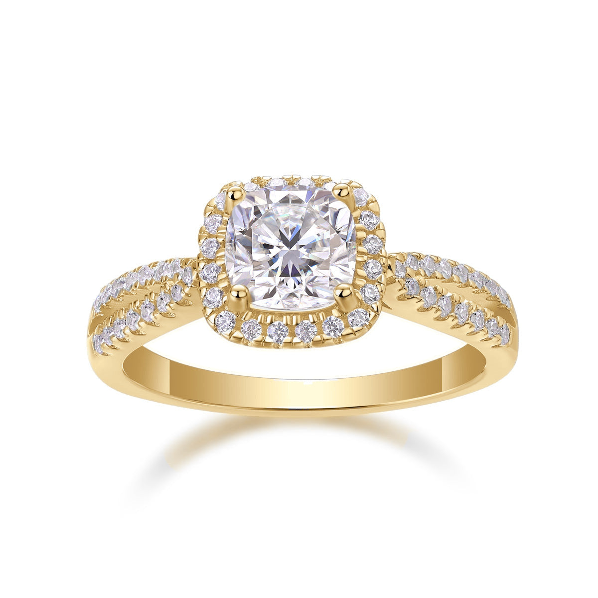 Serena Cushion Cut Moissanite Halo Engagement Ring in 18K yellow gold plating, front view