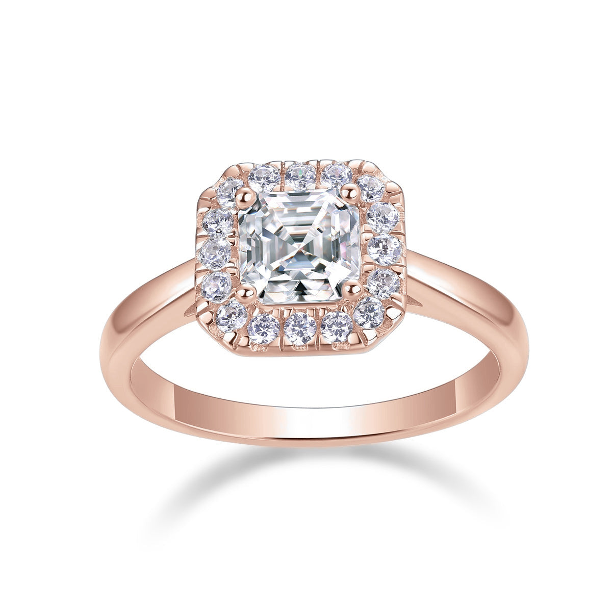 Sofia Asscher Cut Moissanite Halo Engagement Ring in 18K rose gold plating