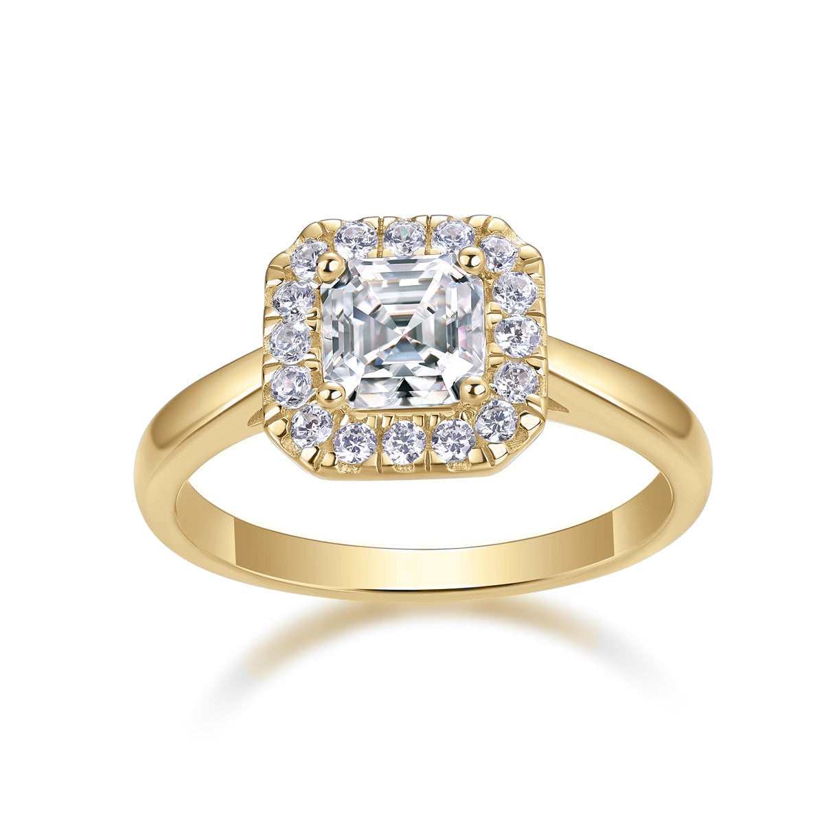 Sofia Asscher Cut Moissanite Halo Engagement Ring in 18K yellow gold plating