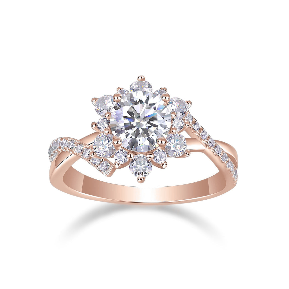Summer Round Moissanite Sunburst Halo Engagement Ring in 18K rose gold plating, front view