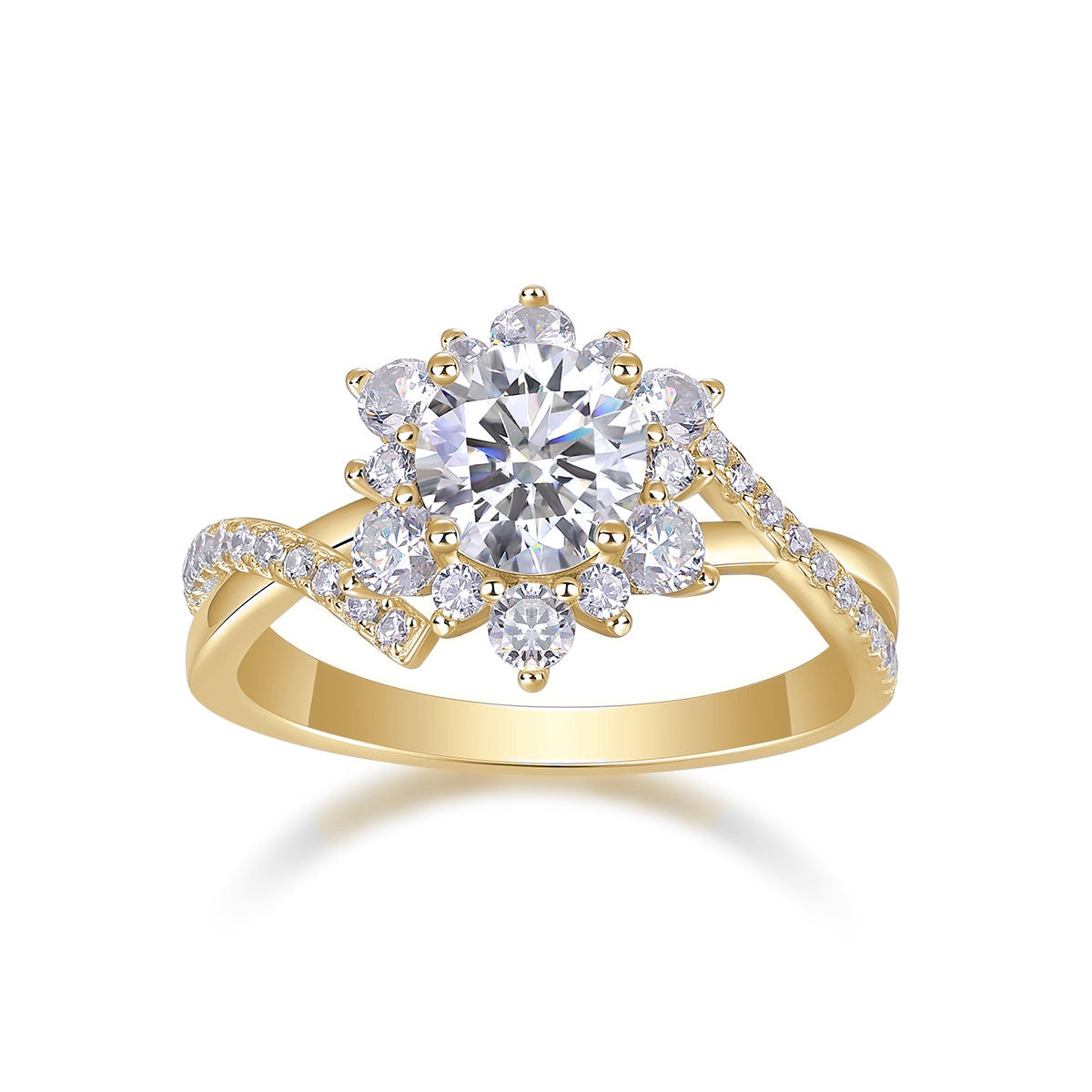 Summer Round Moissanite Sunburst Halo Engagement Ring in 18K yellow gold plating, front view