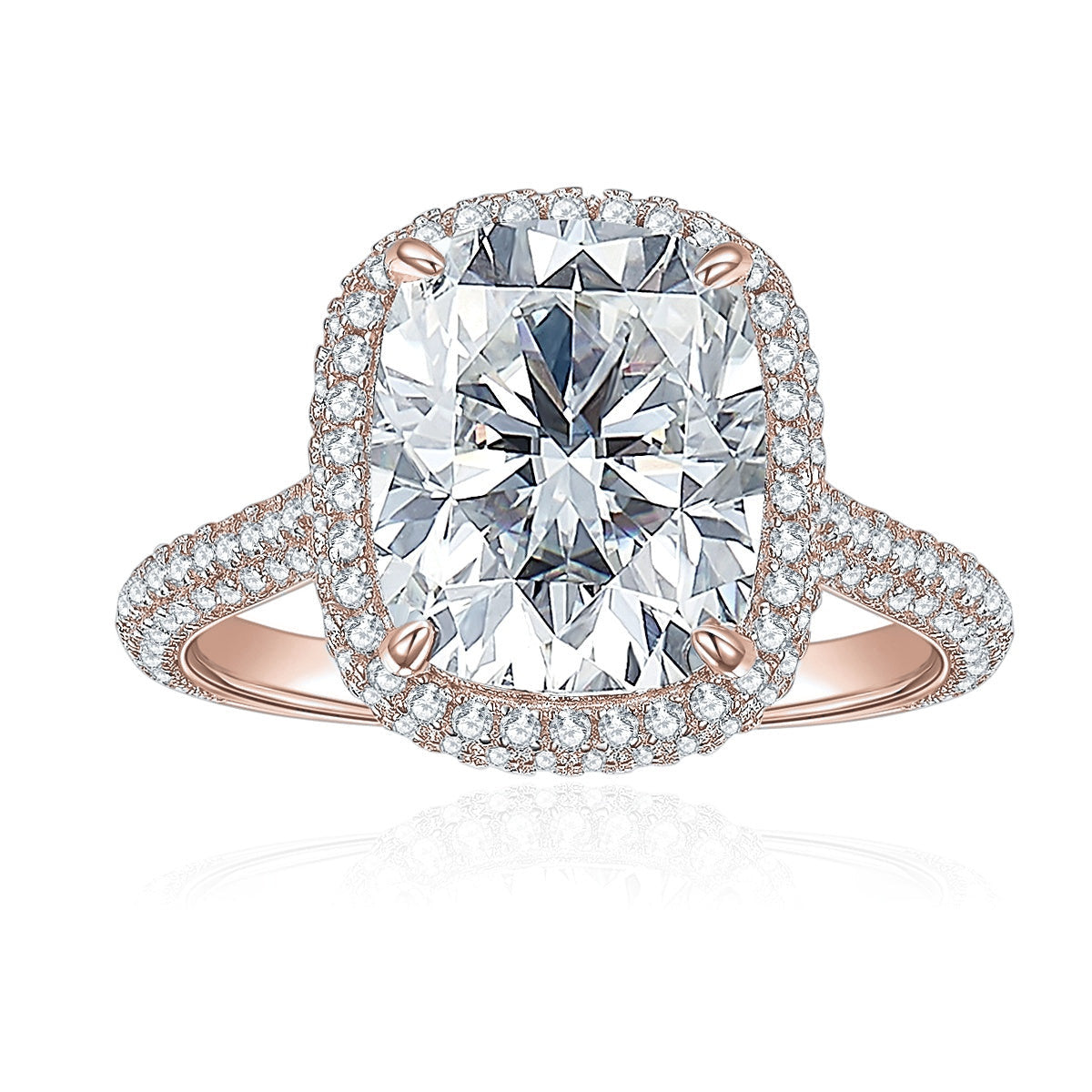 Sutton Cushion Cut Moissanite Halo Engagement Ring in 18K rose gold plating, front view