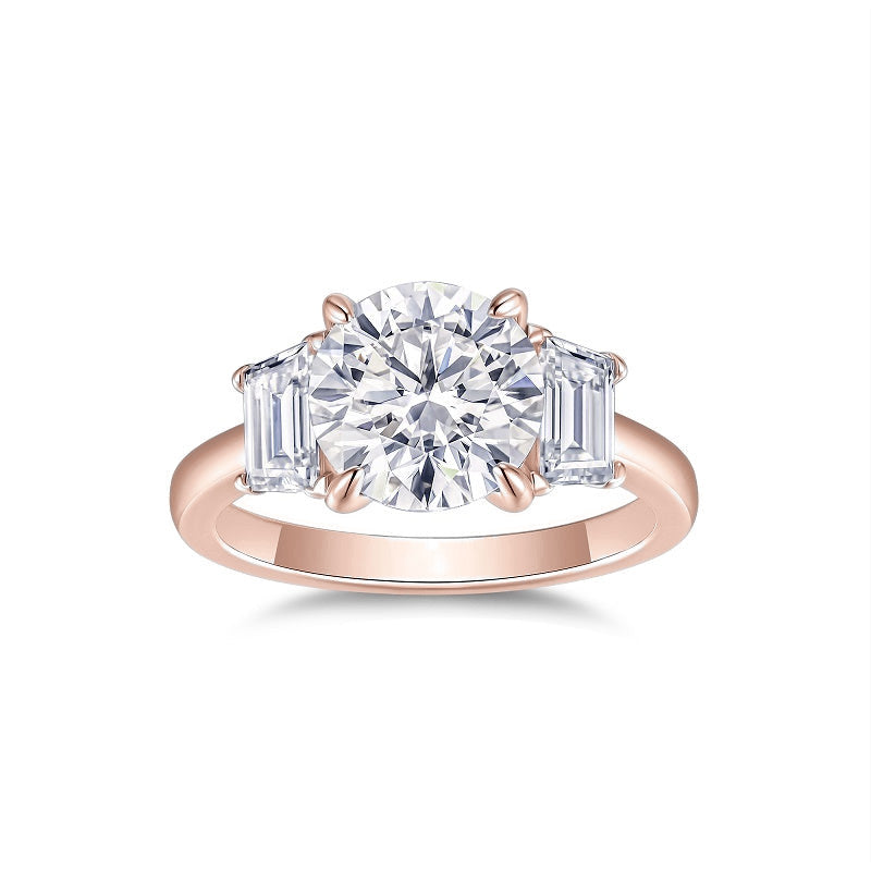 Sylvie Round Moissanite Three Stone Engagement Ring in 18K rose gold plating, front view