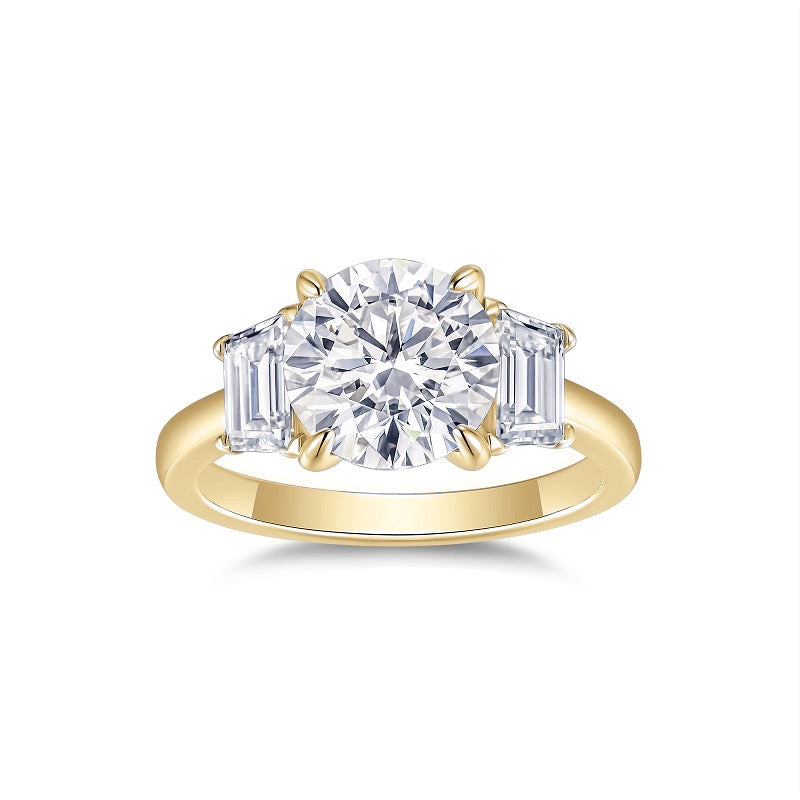 Sylvie Round Moissanite Three Stone Engagement Ring in 18K yellow gold plating, front view
