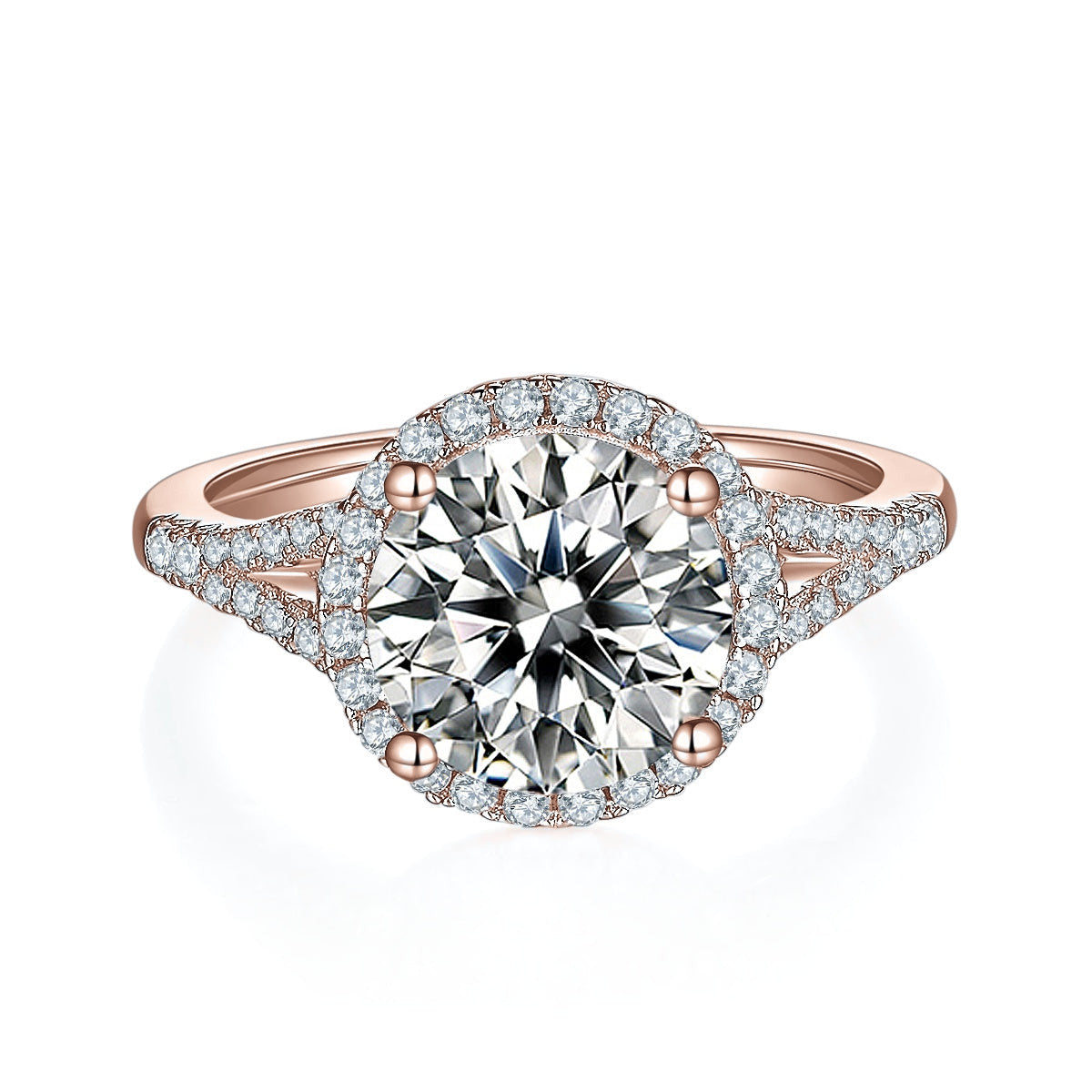 Tatiana Round Moissanite Halo Engagement Ring in 18K rose gold plating, front view