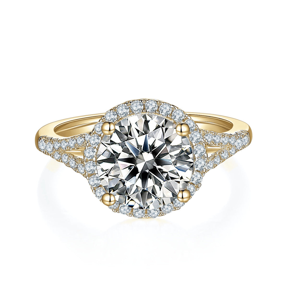 Tatiana Round Moissanite Halo Engagement Ring in 18K yellow gold plating, front view