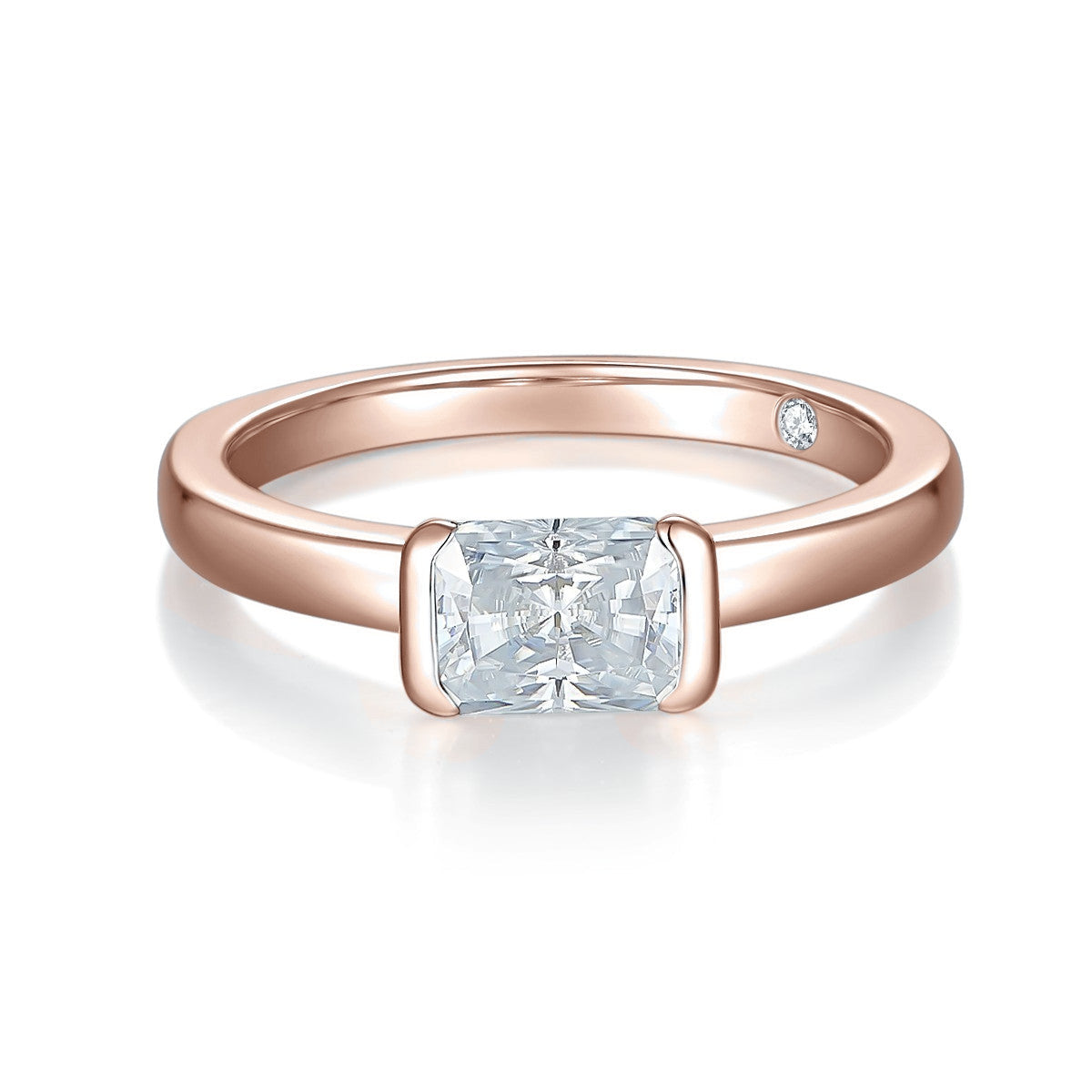 Tatum Radiant Cut Moissanite East-West Engagement Ring in 18K rose gold plating, front view