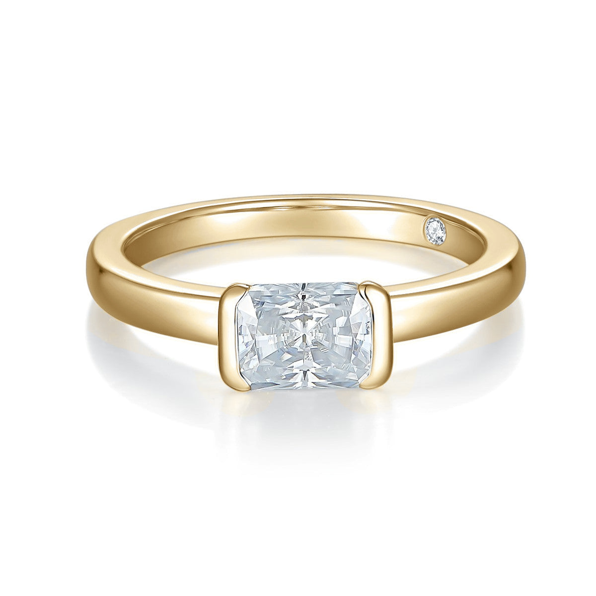 Tatum Radiant Cut Moissanite East-West Engagement Ring in 18K yellow gold plating, front view