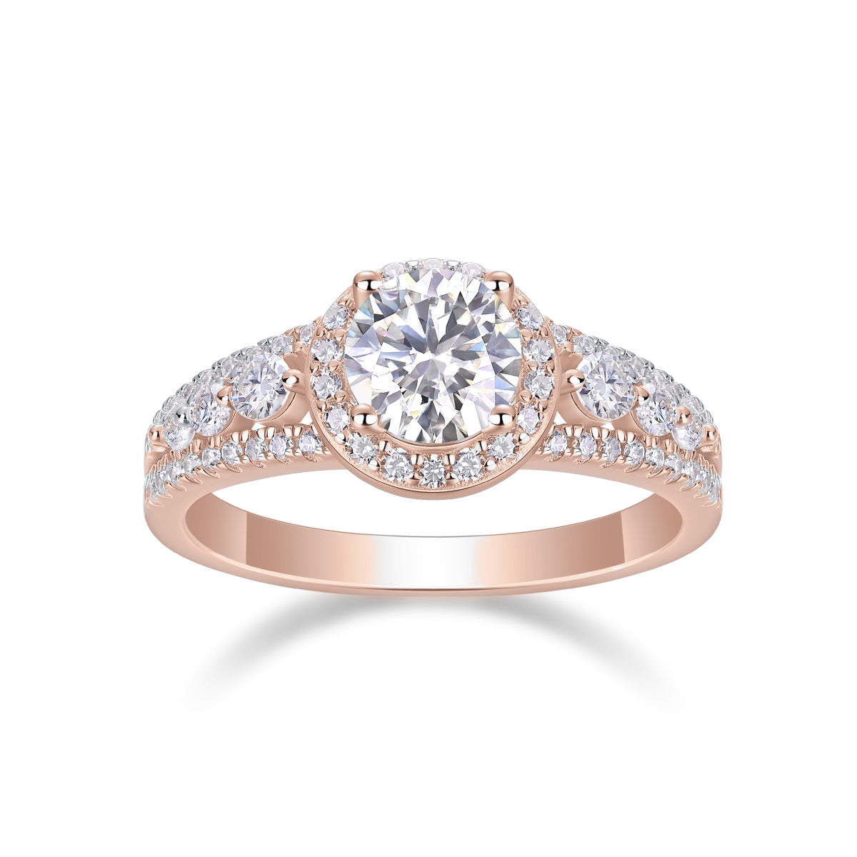 Teresa Round Moissanite Halo Engagement Ring in 18K rose gold plating, front view
