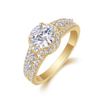 Teresa Round Moissanite Halo Engagement Ring in 18K yellow gold plating, angled view