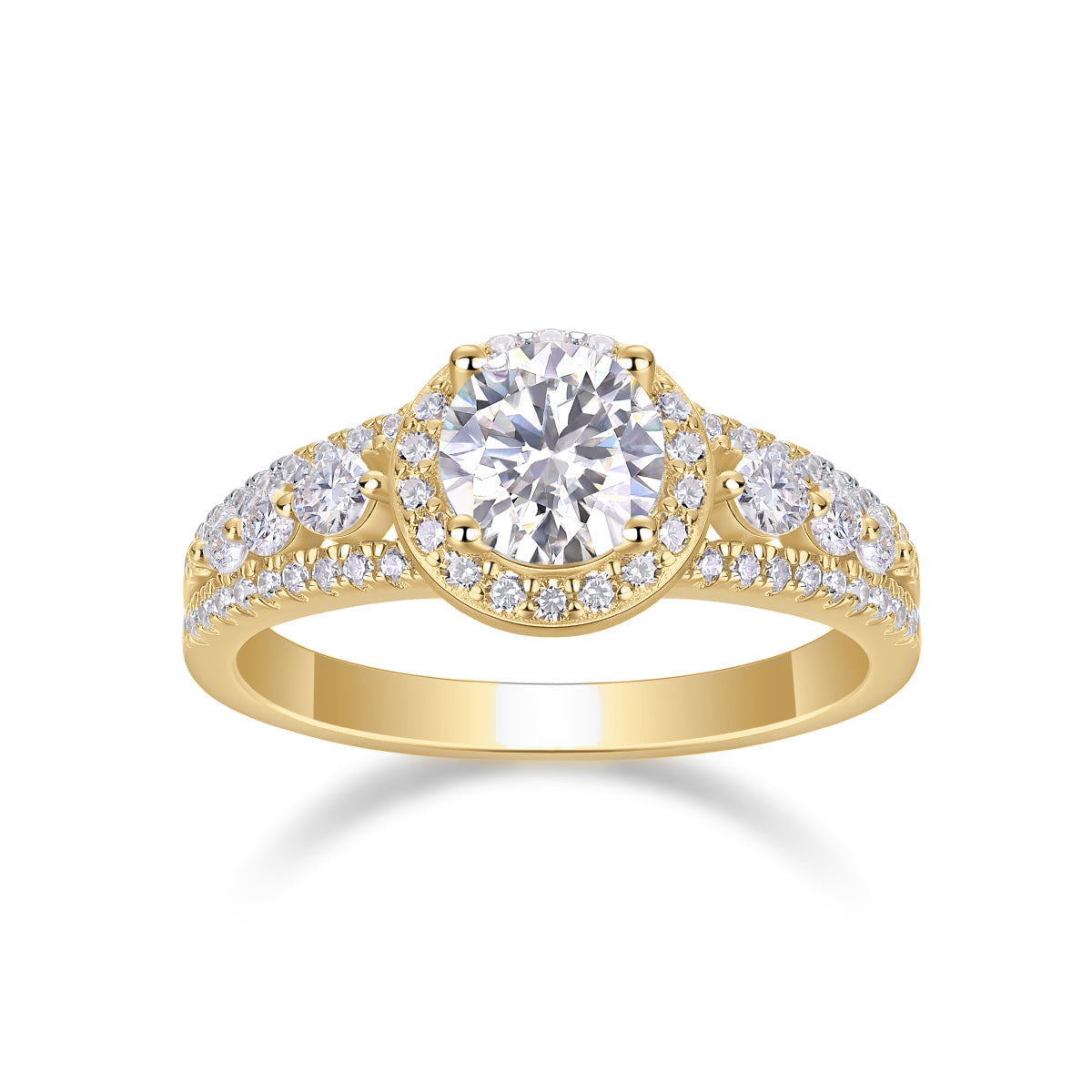 Teresa Round Moissanite Halo Engagement Ring in 18K yellow gold plating, front view