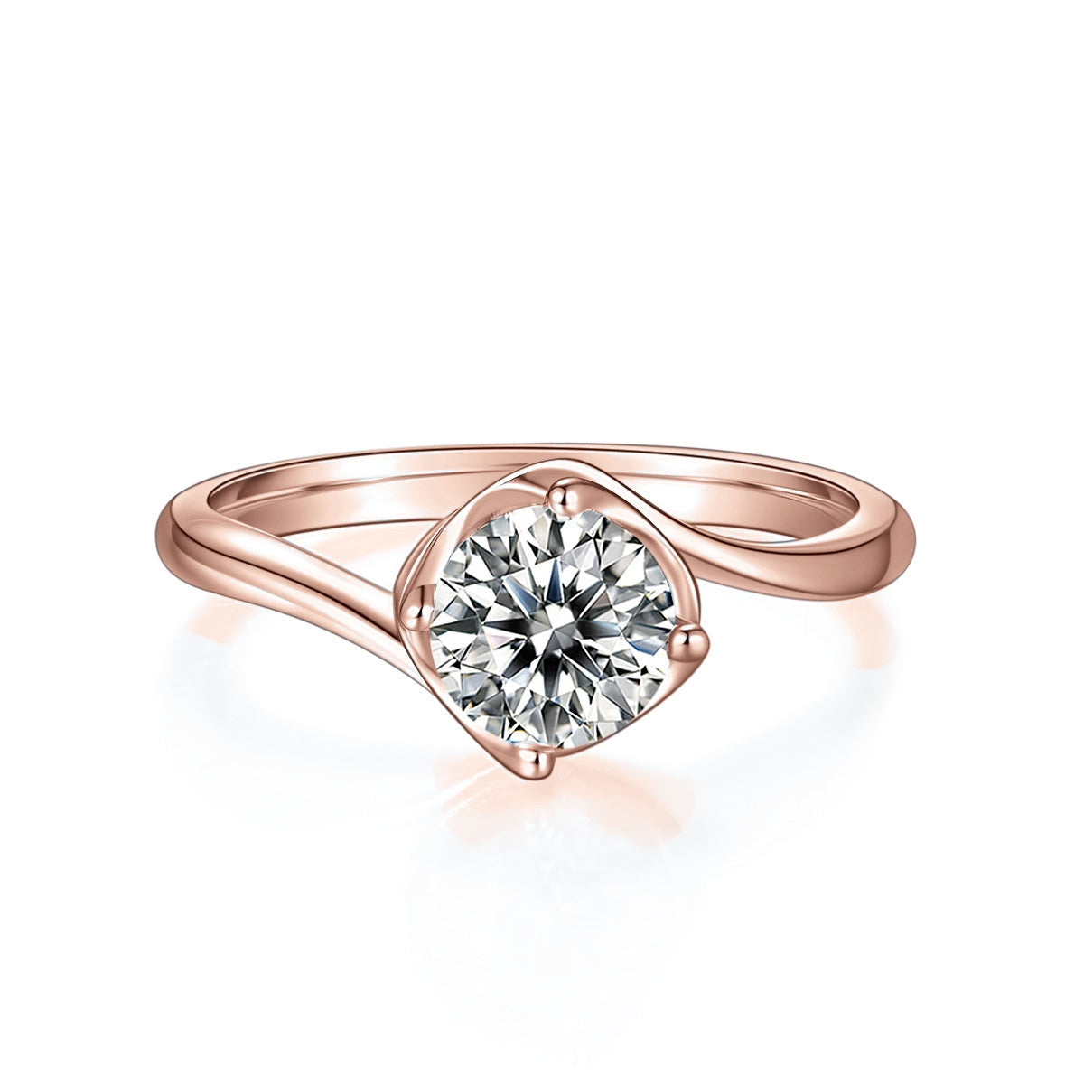 Tia Round Moissanite Twist Engagement Ring in 18K rose gold plating, front view