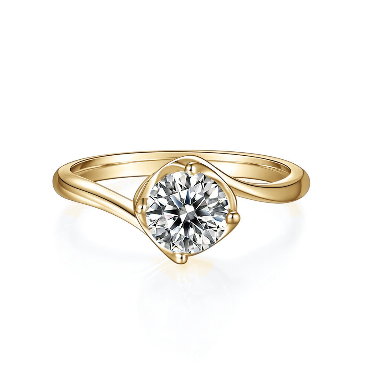 Tia Round Moissanite Twist Engagement Ring in 18K yellow gold plating, front view