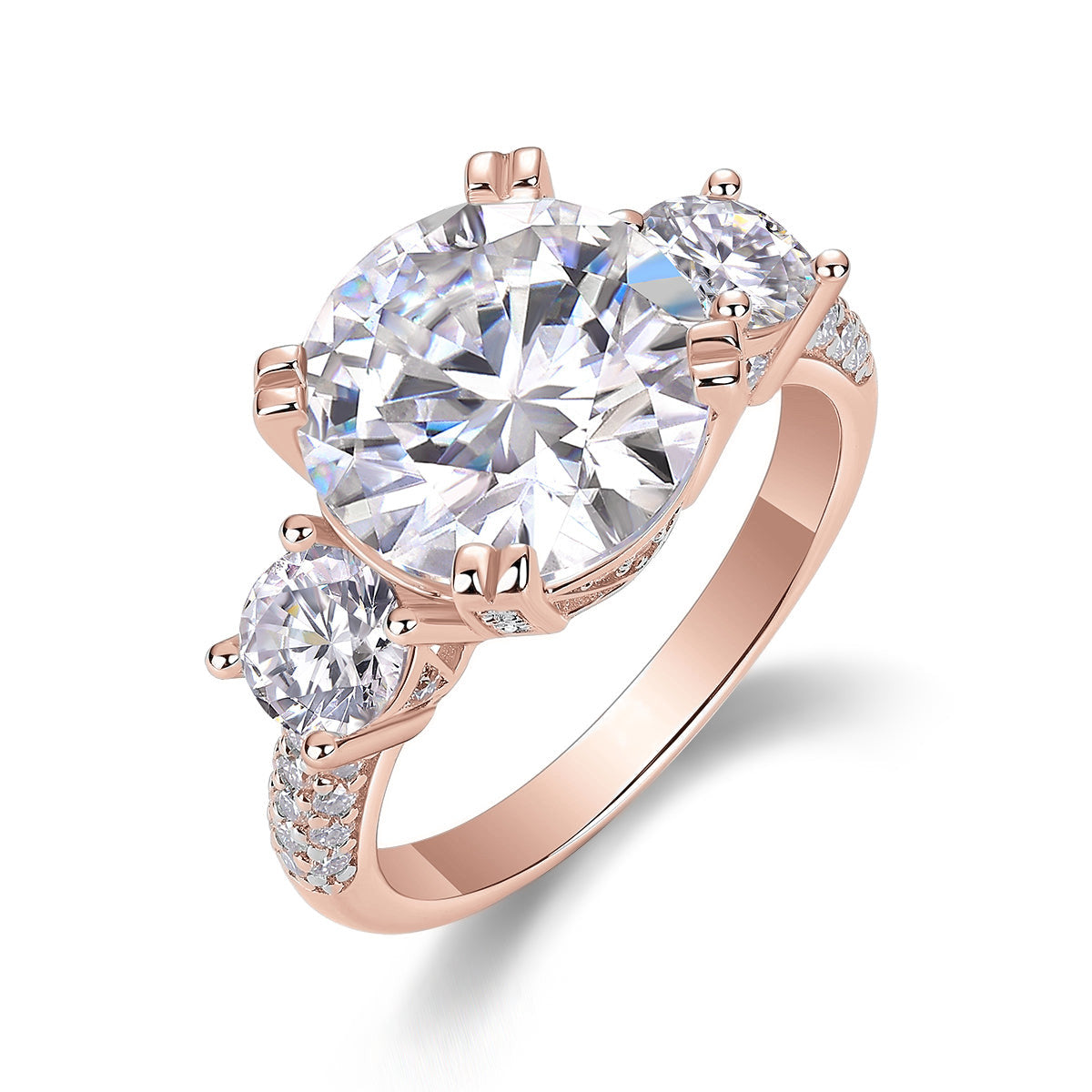 Valerie Round Moissanite Three Stone Engagement Ring in 18K rose gold plating, front view