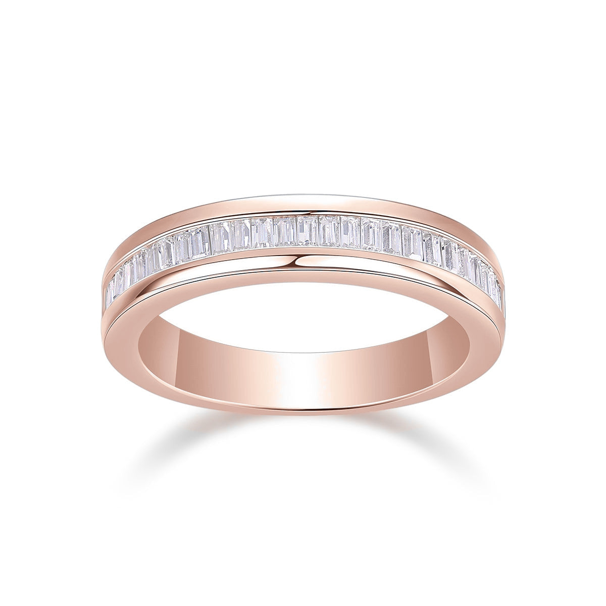 Vanessa Baguette Moissanite Channel Half Eternity Band in 18K rose gold plating, front view